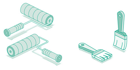 Isometric paint roller and paint brush. Illustration. Outline object on white background.