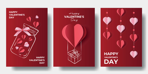 Happy Valentines day concept posters set. Vector illustration. 3d red and pink paper hearts on Red Background. Cute Love Design template banner or greeting cards for advertising, web, social media.