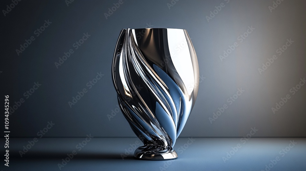 Poster a sleek, modern vase with a twisted design, reflecting light and creating a dynamic visual effect.