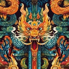 Vibrant Thai Mythical Creatures with Intricate Details in a Seamless Dynamic Pattern