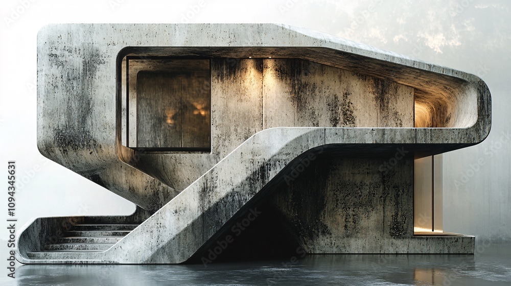 Poster a modern, abstract concrete building featuring unique curves and large windows, blending contemporar