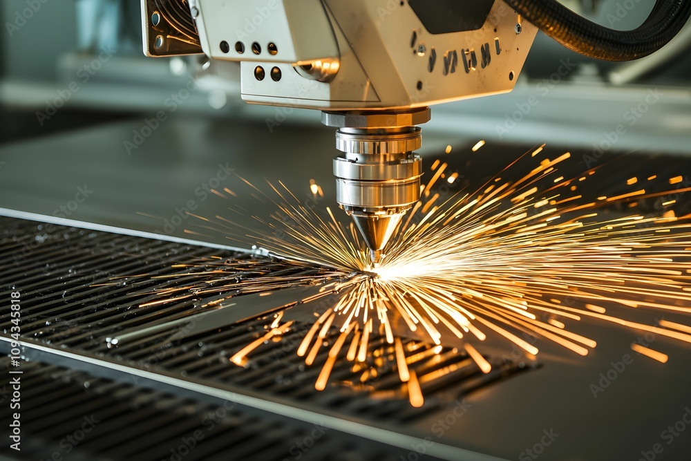 Poster laser cutting machine creating sparks during metal processing