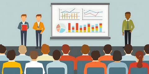 Obraz premium Flat design showing a business presentation on a whiteboard with a group of workers