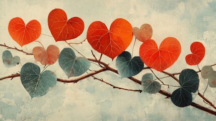 A colorful branch adorned with heart-shaped leaves in red and blue hues against a soft, textured background.