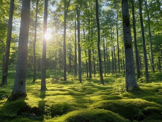 Obraz premium A serene forest scene illuminated by sunlight, featuring lush greenery and tranquil moss-covered terrain.