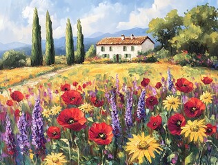 Tuscan Farmhouse Amidst Blooming Poppies And Lavender