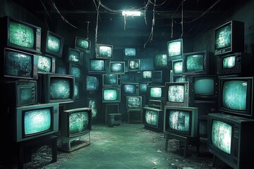 Abandoned TV Repair Shop with Broken Televisions and Eerie Atmosphere