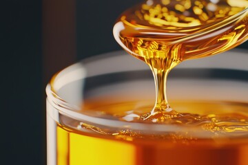 Macro shot of honey dripping from a spoon into a glass jar, the golden liquid catching intricate light details, evoking natural sweetness