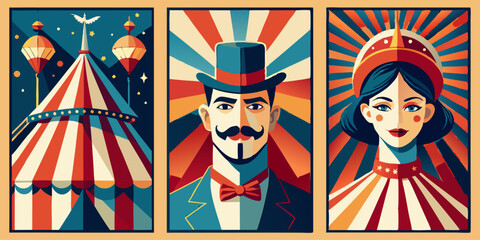 Vintage circus themed illustration with carnival tent, ringmaster, and performer design for posters