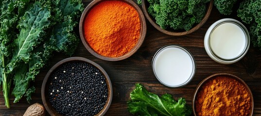 A vibrant assortment of greens and spices, emphasizing healthy cooking ingredients.