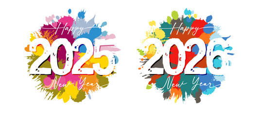 Set of trendy handdrawn style round coloured icons for new year 2025 and 2026 celebrating. Arts banner design. Festive concept. Watercolor template with brushing strokes. Creative abstract ink spots.