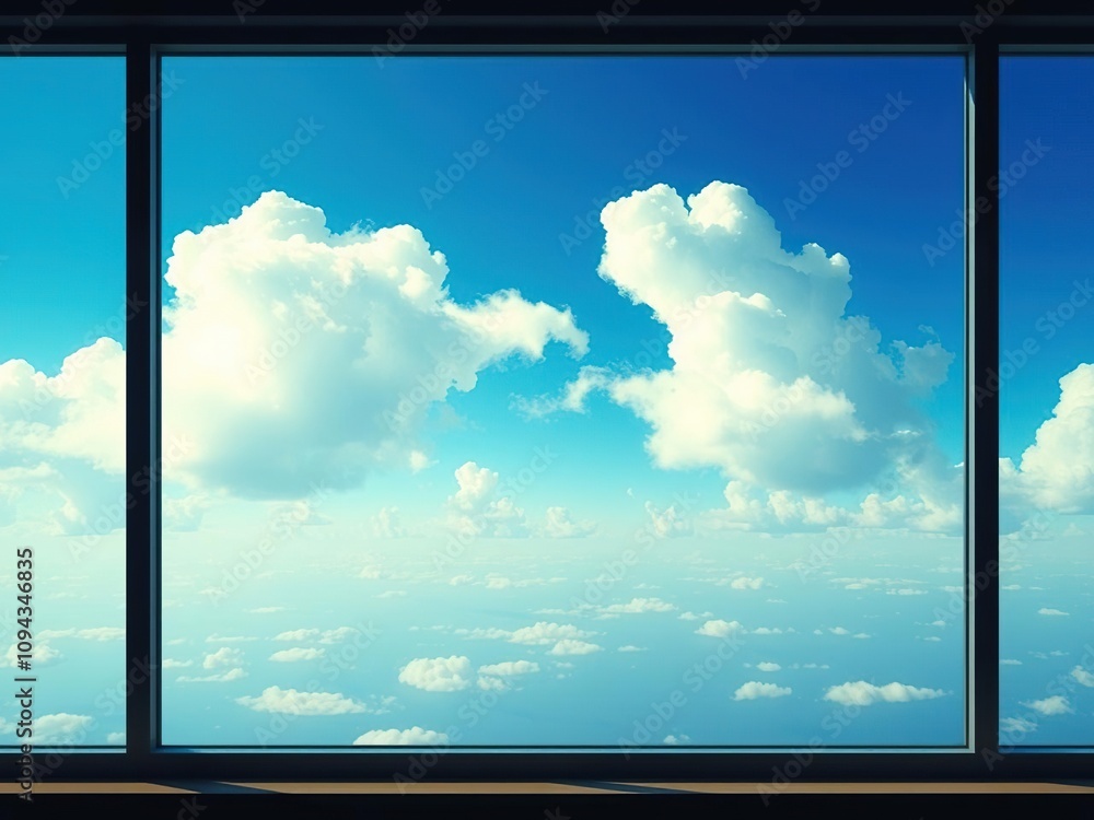 Wall mural a serene window overlooking a vast expanse of blue sky with puffy white clouds drifting lazily acros