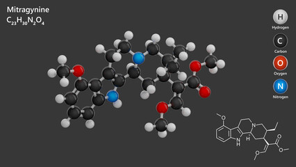 Molecule: Mitragynine. Drug. Molecular structure. Formula: C23H30N2O4. Chemical model: Ball and stick. Gray background. 3D illustration.