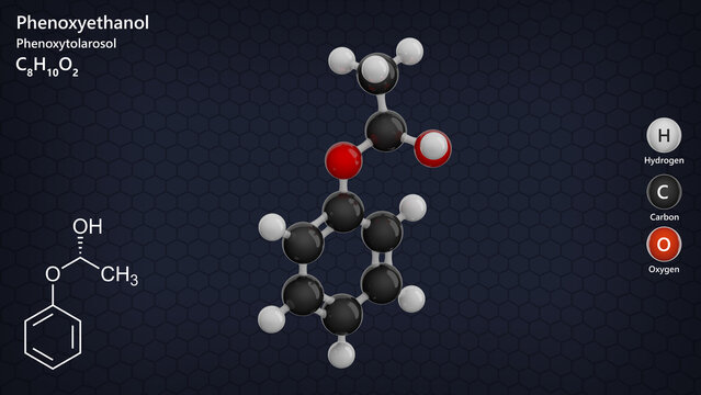 Molecule: Phenoxyethanol. Molecular structure. Formula: C8H10O2. Chemical model: Ball and stick. Dark background. 3D illustration.