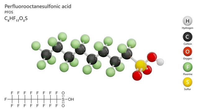 Molecule: Perfluorooctanesulfonic Acid or (PFOS). Molecular structure. Formula: C8HF17O3S. Chemical model: Ball and stick. White background. 3D illustration.
