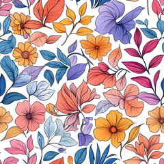 Floral flowers and beautiful colorful leaves wallpaper seamless pattern for interior decoration or background.