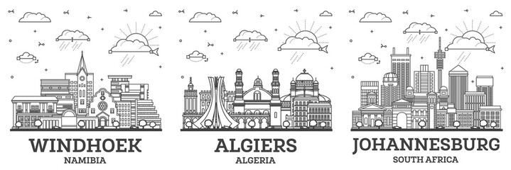 Fototapeta premium Outline Algiers Algeria, Johannesburg South Africa and Windhoek Namibia City Skyline with Modern and Historic Buildings Isolated on White.