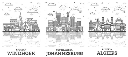 Fototapeta premium Outline Algiers Algeria, Johannesburg South Africa and Windhoek Namibia City Skyline set with Modern Buildings and Reflections Isolated on White.