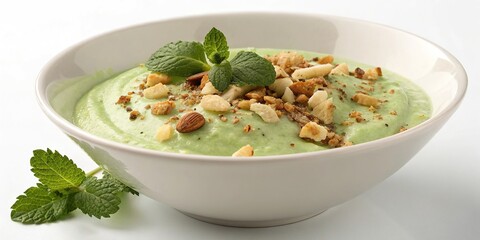 A shot of a bowl of creamy green dessert garnished with chopped nuts and a sprig of fresh mint, nutty, winter wonderland
