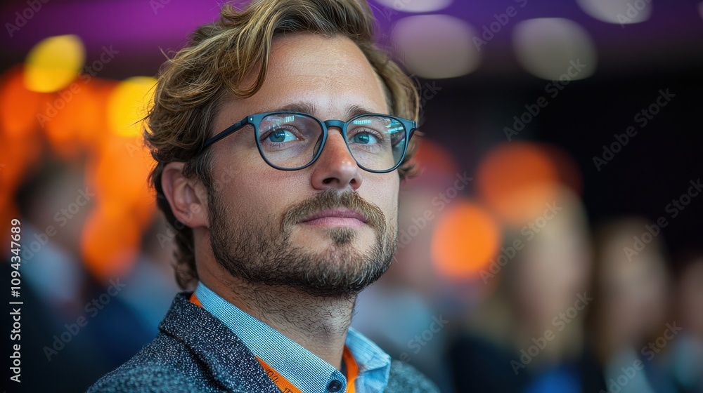 Poster business professional engages in conversation at a networking event with vibrant background atmosphe