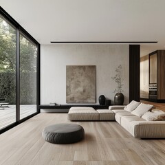 modern living room with a large white sofa and large windows