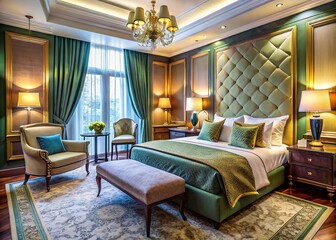 Fototapeta premium Luxurious Hotel Room Interior - Elegant Decor, Soft Linens, High-End Design