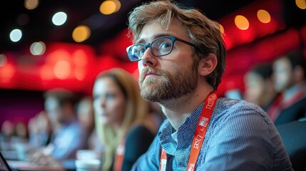 Obraz premium Attendees engaged in a conference session focused on innovative technology and networking opportunities