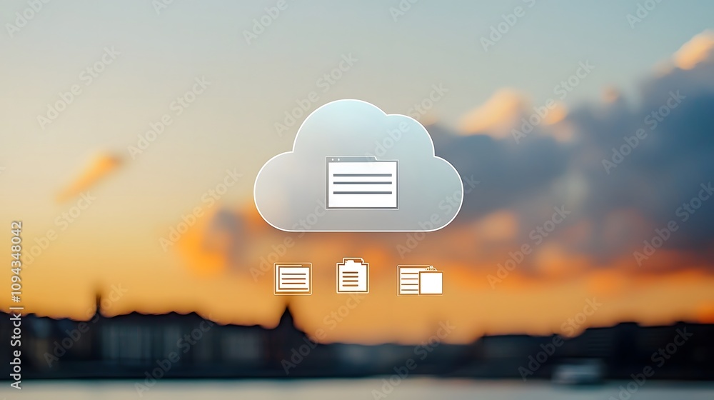 Wall mural cloud storage interface overlay with transparent icons for documents, sharing, and synchronization o