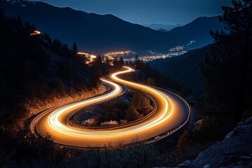 Winding Mountain Road at Night with Vehicle Light Trails and Serene Countryside Landscape