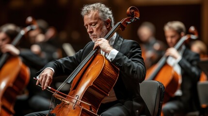 Cellist playing in a symphony orchestra performance