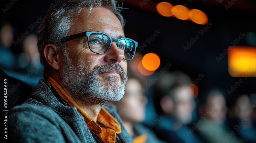 Poster man with glasses enjoys an engaging experience in a dimly lit auditorium during an event