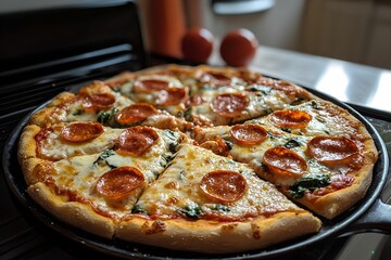 Homemade pepperoni pizza on a kitchen counter ready to enjoy