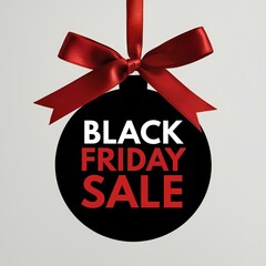 A large black christmas balloon hanging on a red ribbon with a bow, with bold text ‘BLACK FRIDAY SALE’ on a white background, creating a festive and eye-catching promotional image for festive sales.