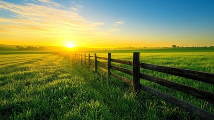 Obraz premium Sunrise over a grassy field with a wooden fence.