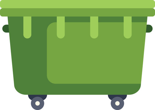Green garbage dumpster container being moved for waste collection, recycling and waste management concept