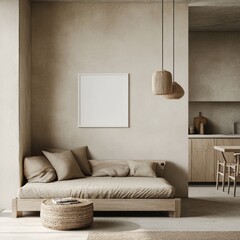 A minimalist living space featuring a daybed, natural tones, and simple decor.