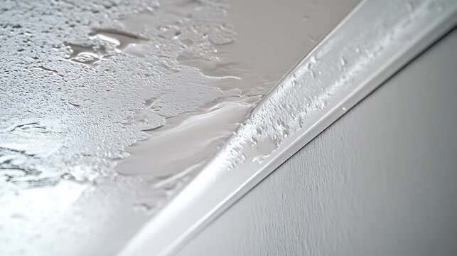 Damage caused by water leakage on a wall and ceiling at condominium. Soft focus.