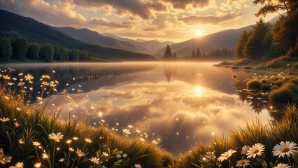 A serene lake with a beautiful sunset in the background