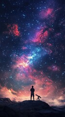 Obraz premium Silhouette of person stargazing with telescope under vibrant night sky