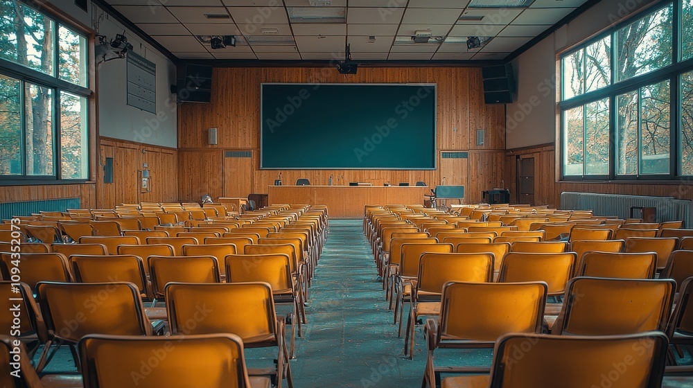 Poster classroom setup for an academic presentation with empty chairs and a large screen in a university au