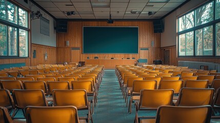 Fototapeta premium Classroom setup for an academic presentation with empty chairs and a large screen in a university auditorium