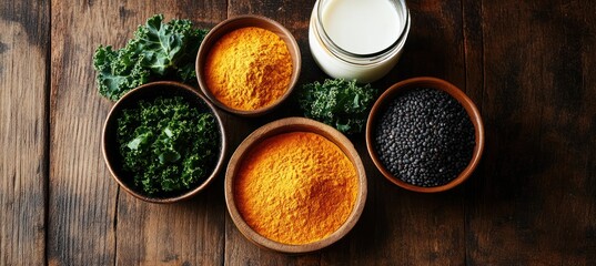 A collection of spices and greens on a wooden surface, suggesting culinary use.