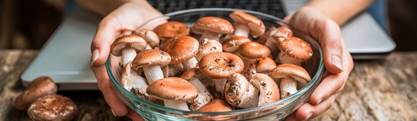 A person holding a bowl of fresh mushrooms, with a laptop in the background.