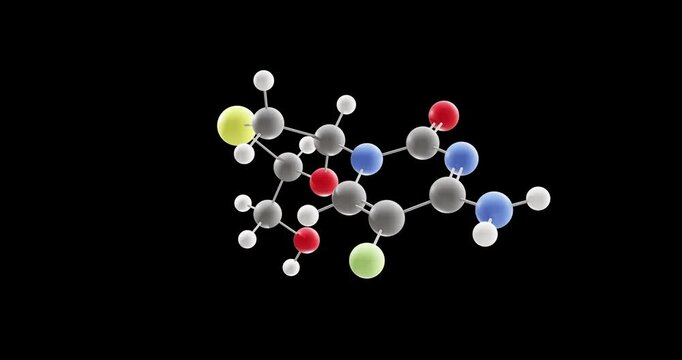 Emtricitabine molecule, rotating 3D model of hiv treatment drug, looped video on a black background