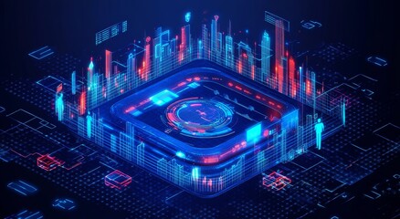 Futuristic Data Analysis Interface with Stock Market Graph and Visual Tools