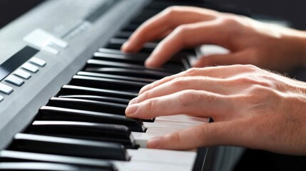 Fototapeta premium Close-up of hands playing chords on a modern digital keyboard