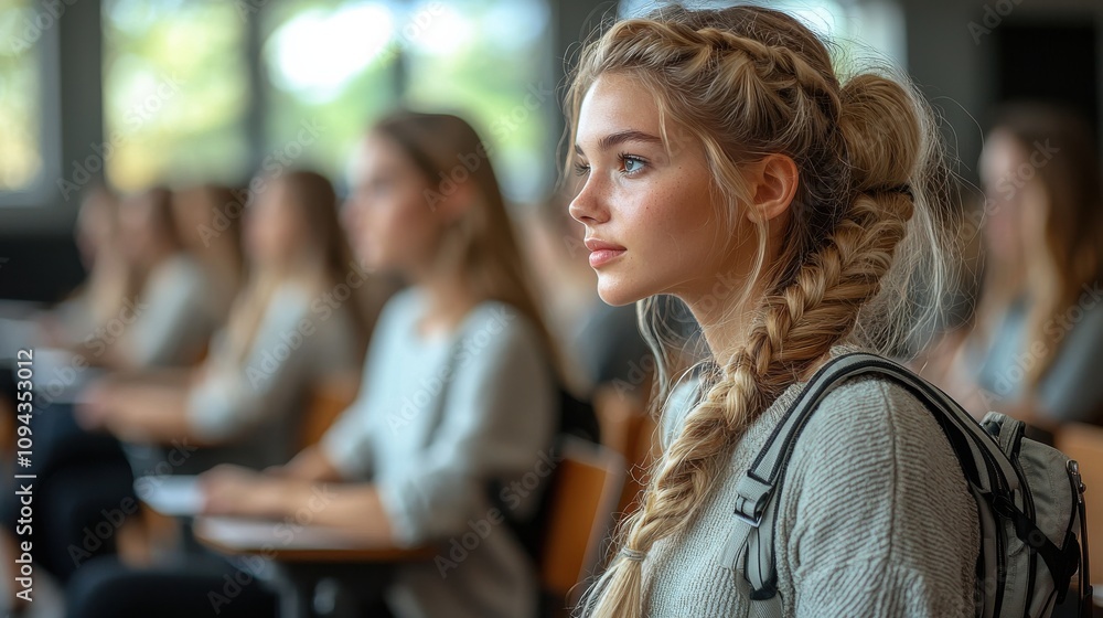 Poster student in classroom with focused expression during lecture in a modern educational setting