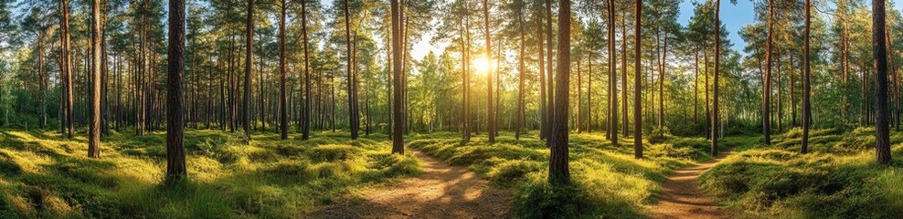 Fototapeta premium A forest with a path through it and a sun shining through the trees