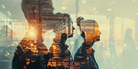 team of business people working together in the office, teamwork background banner, double exposure