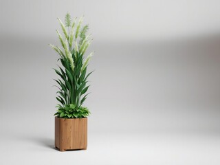 A tall bunch of fresh greenery arranged in a large wooden planter, wood, leaves, bunch